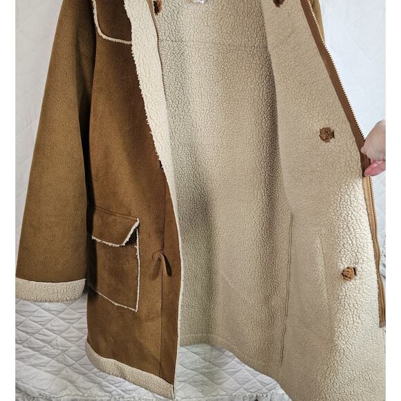Vtg Y2K Sherpa Lined Brown Vegan Leather Jacket Long Hippie Womens Medium Toggle - Picture 5 of 8